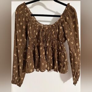 Altar'd State Blouse size SMALL Tan With Small Flowers, Tiered Babydoll Top